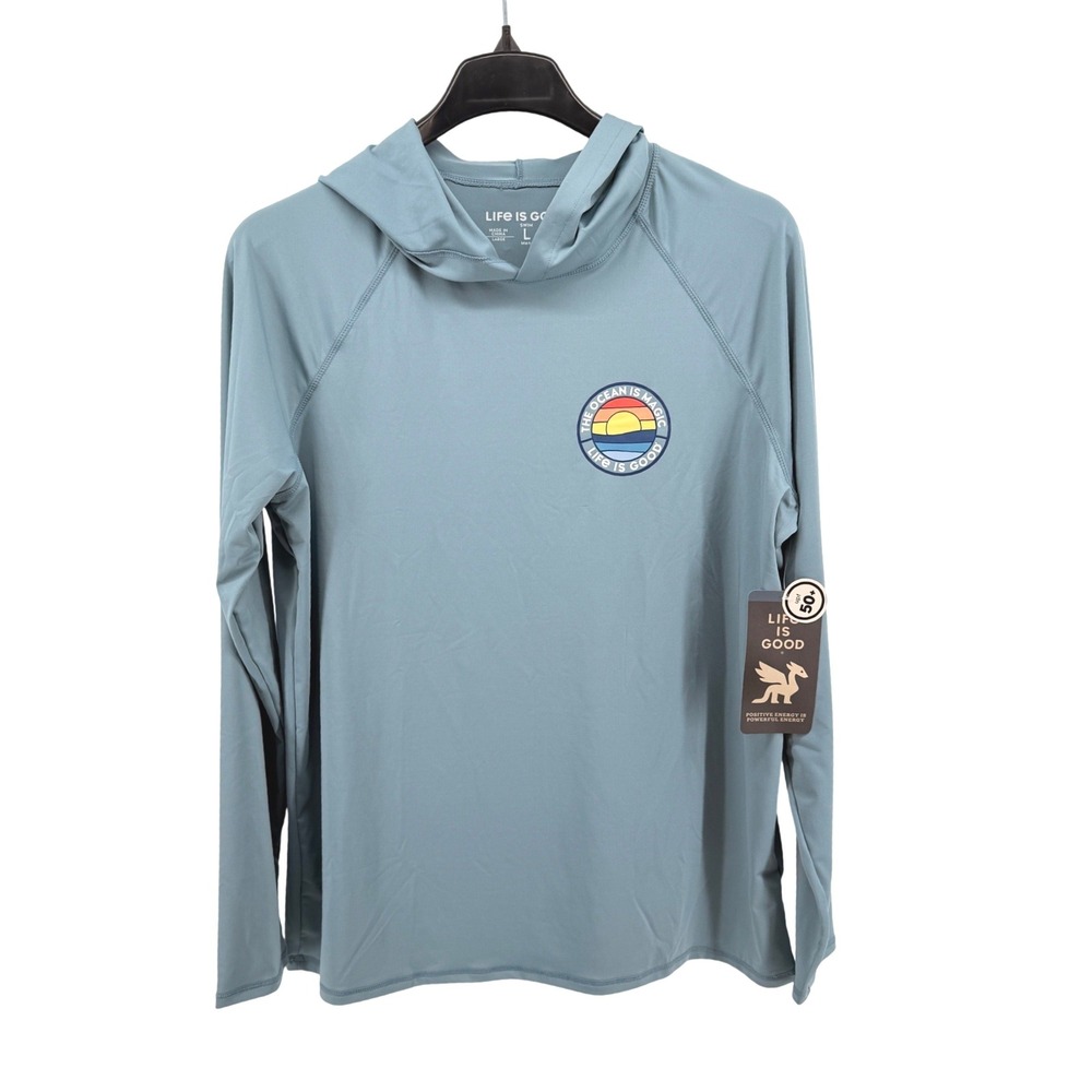 NEW Life Is Good Swim Hoodie Mens Large Rash Guard Blue "Ocean Is Magic" UPF 50+